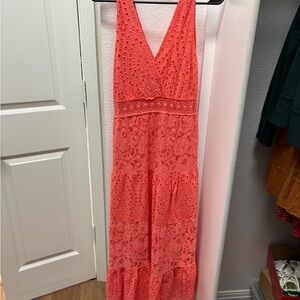 Vibrant Coral Lace Maxi Dress